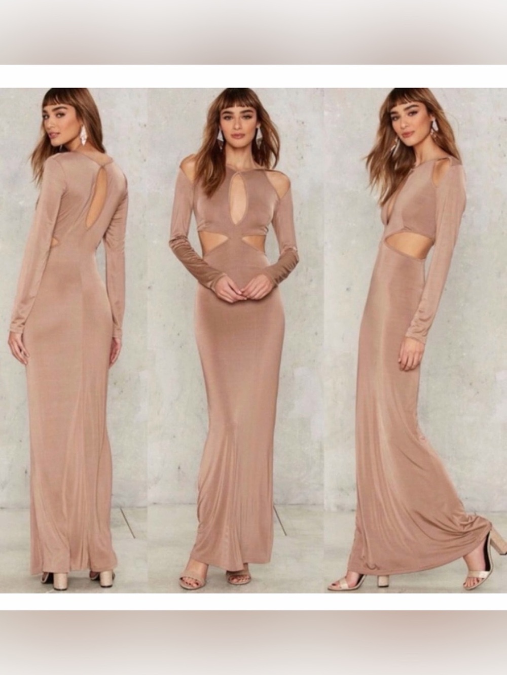 NWT Nasty Gal Taupe Cutout Long Sleeve Maxi Dress